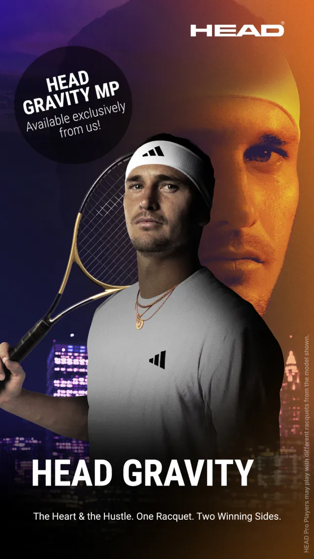 Tennis-Point launch example: player with racket against a dark background, headline in the lower part of the image